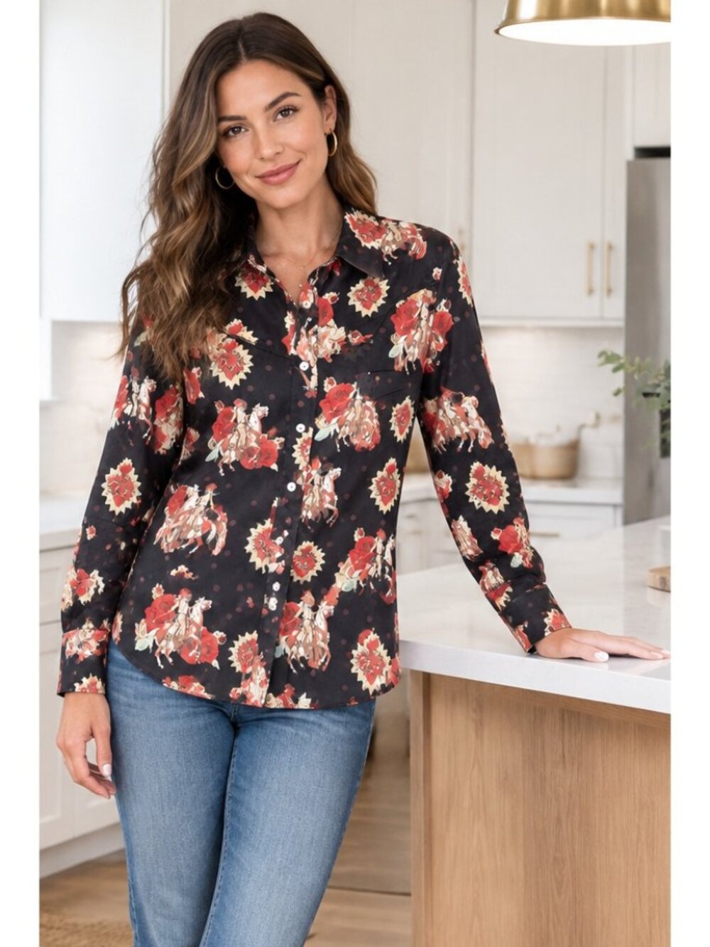 Rodeo Cowgirl Western Yoke Button-Up Shirt Long Sleeve Dress Shirt Southern Top
